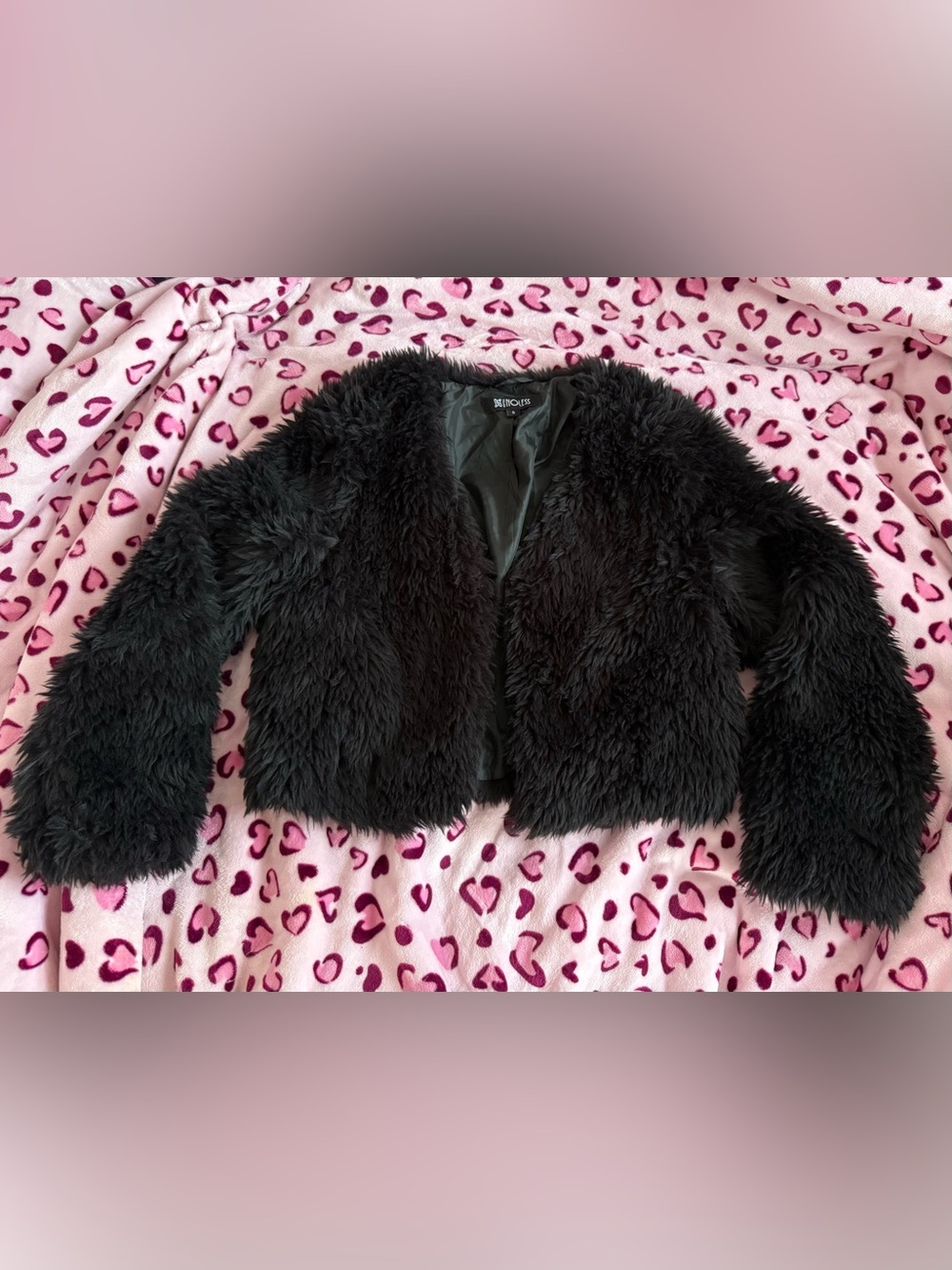 Black Faux Fur Cropped Jacket - Small